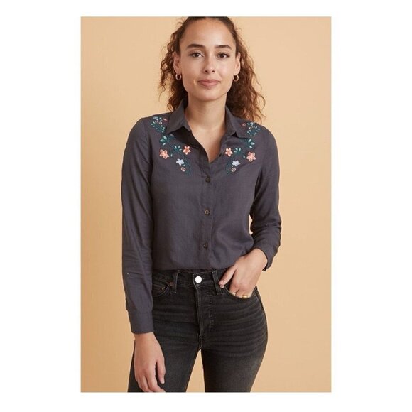 Marine Layer Aria Relaxed Fit Embroiderd Long Sleeve Shirt Women’s XS Read - Picture 1 of 10
